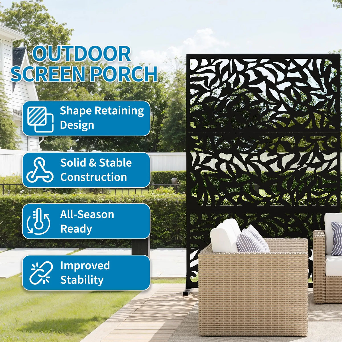 72"x47" Outdoor Metal Privacy Screen, Freestanding Laser Cut Decorative Fence Panel With Stand, Weatherproof Steel For Patio