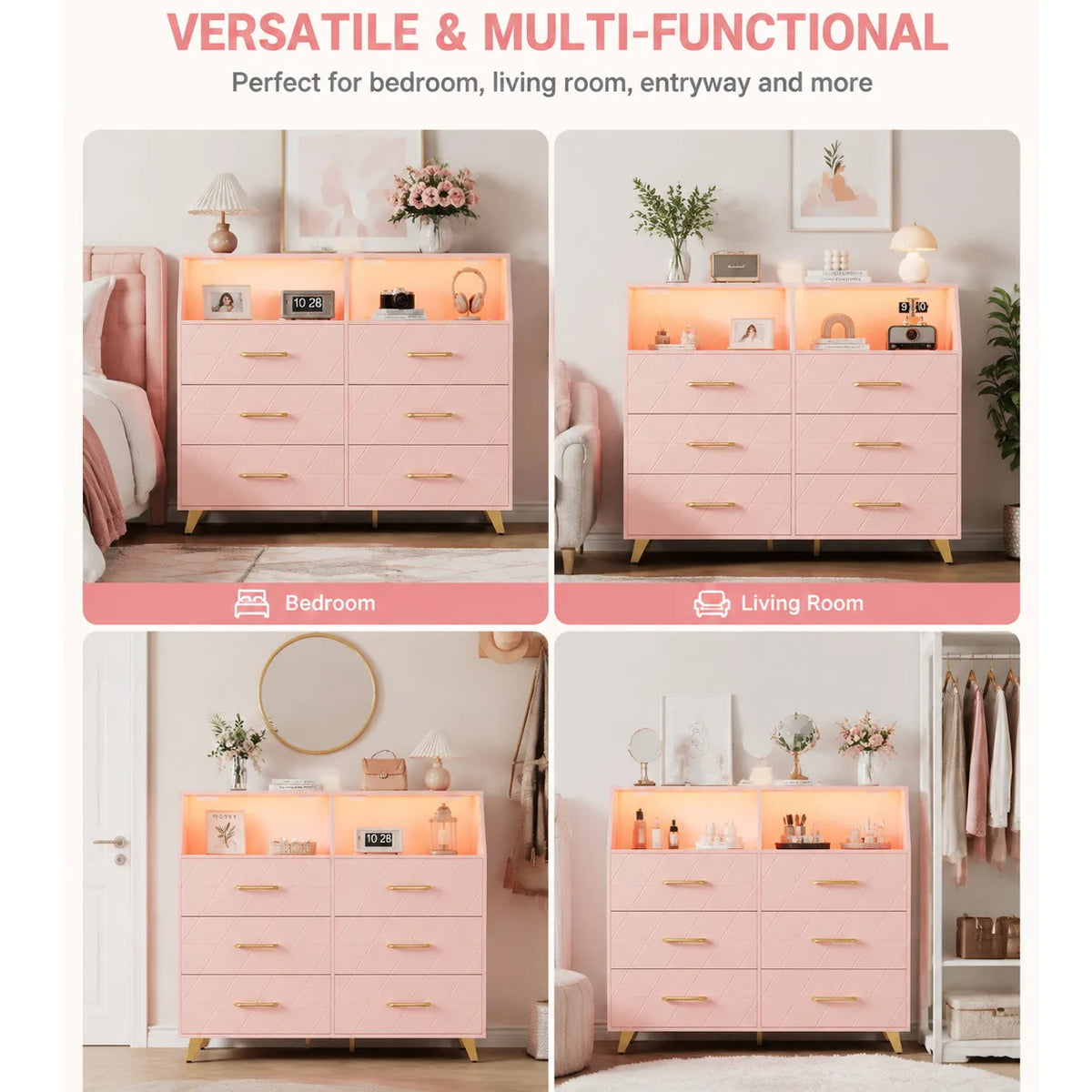 Modern 6 Drawer Dresser with LED Lights Charging Station Pink Wood Storage Cabinet Bedroom Chest of Drawers with Metal Legs Entryway Organizer
