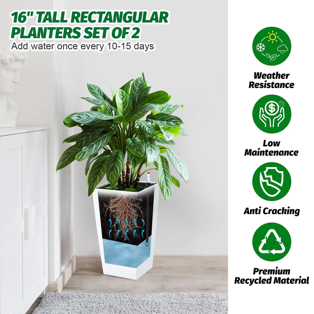 HiMISS Tall Self-Watering Planters Set for Indoor Outdoor Use