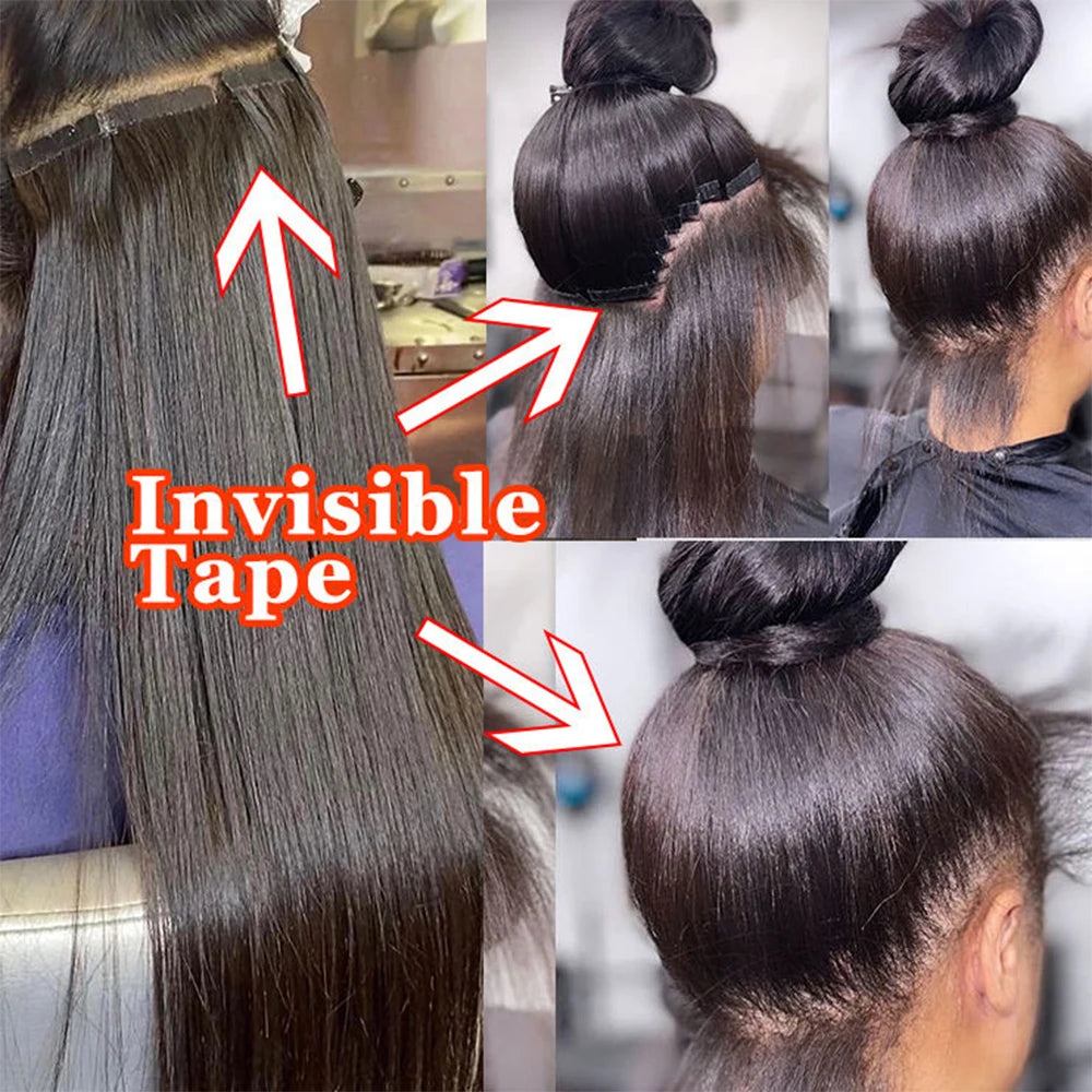 100% Human Hair Tape In Extensions 20 Inch Invisible Seamless PU Skin Weft No Weft Raw Hair Extensions Natural Black Color Adhesive Tape Ins Hair Extension For Women