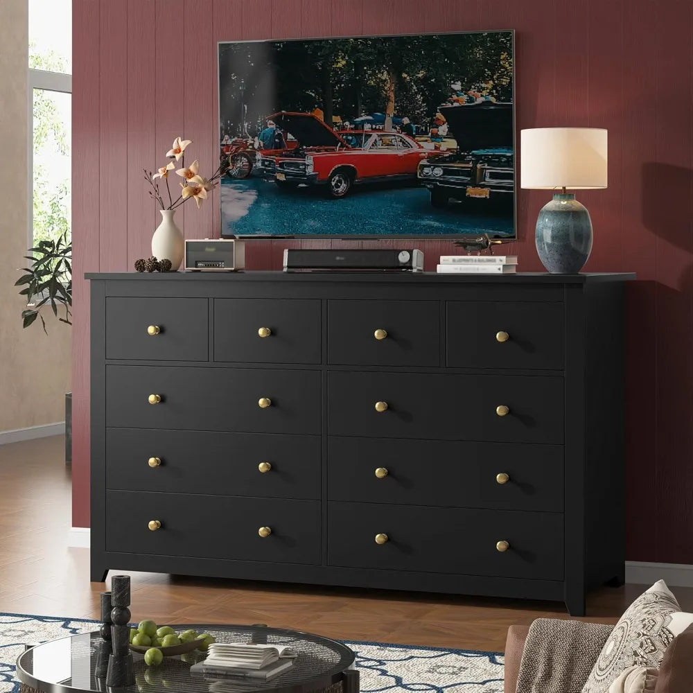 Modern Black 10-Drawer Dresser: Versatile Storage for Bedroom, Clothes, Office Supplies, and More