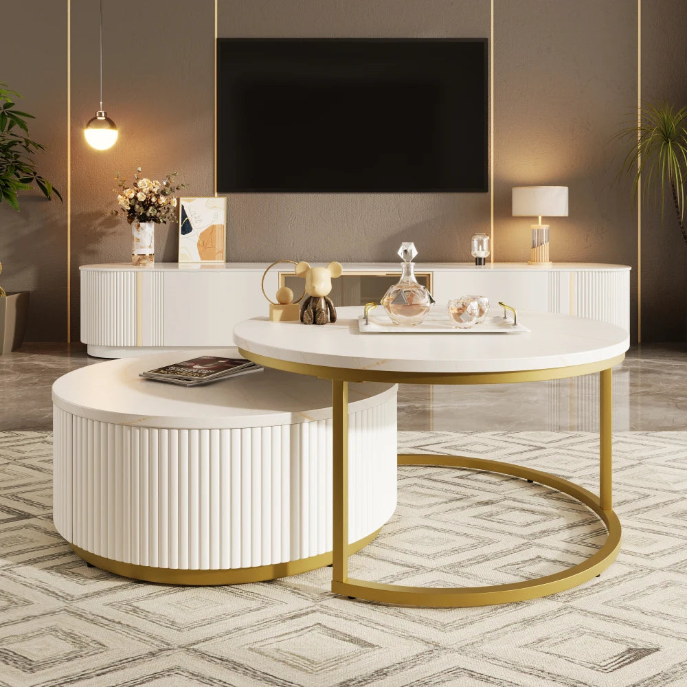 Modern Round Fluted Nesting Coffee Table With Storage Drawer