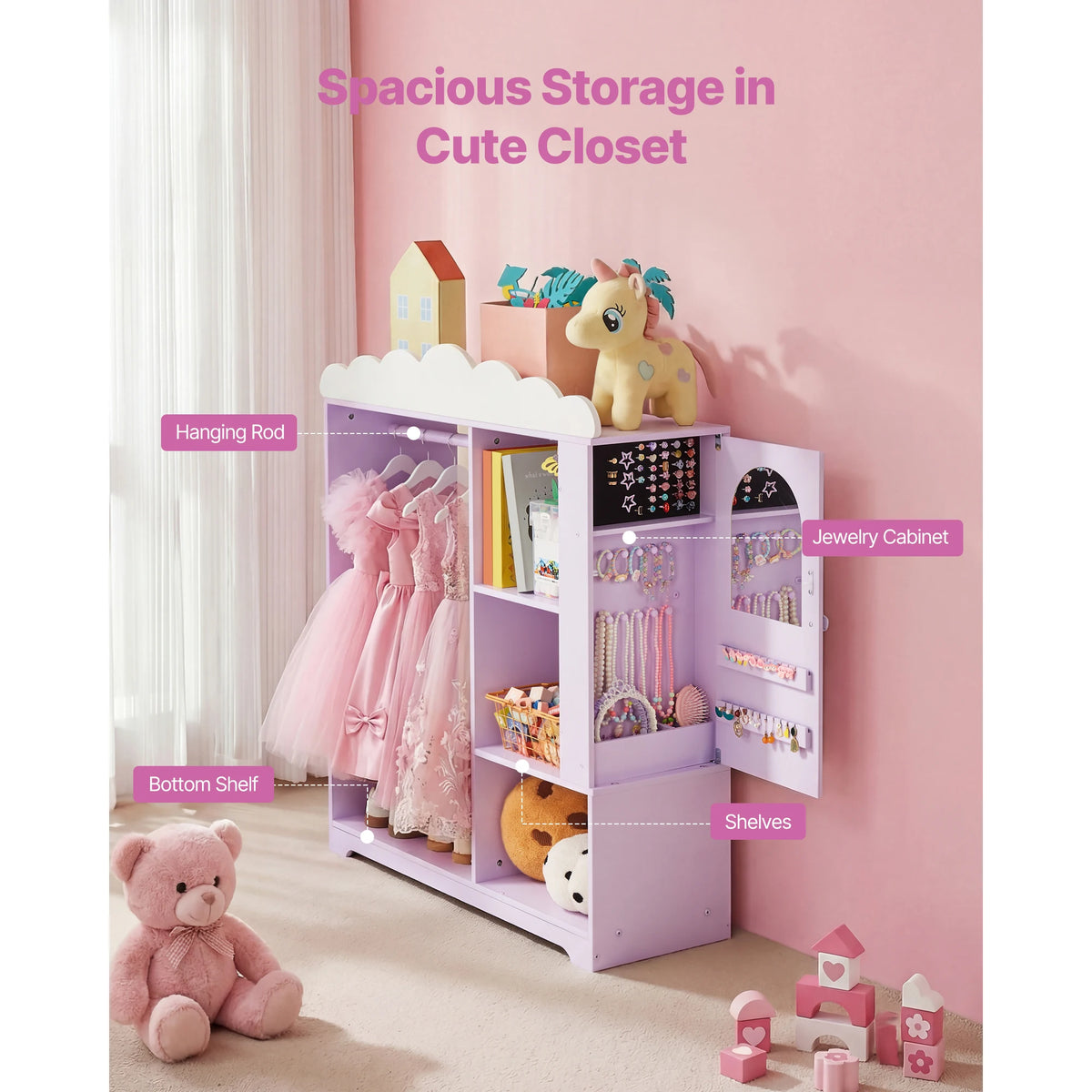 SucceBuy Kids Dress Up Wardrobe Closet With Mirror And Shelves