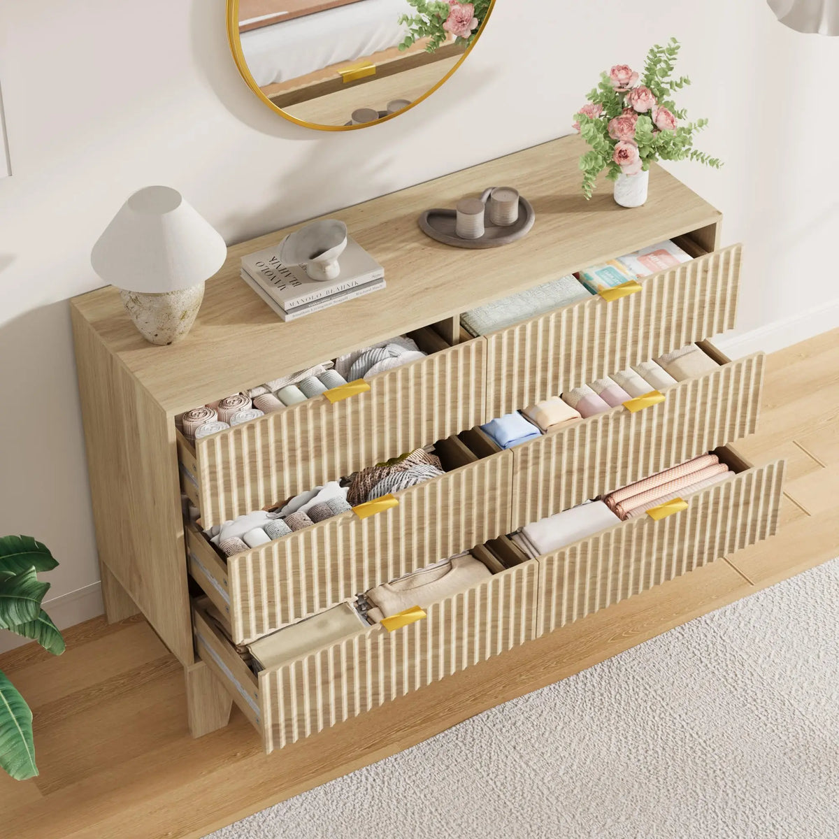 Modern Fluted Six Drawer Dresser With Metal Handles And Storage