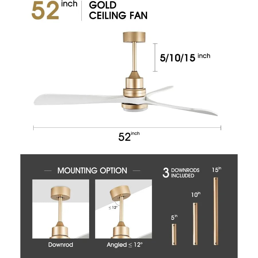White and Gold Ceiling Fans with Lights Remote Control 52 inch Modern Gold Ceiling Fan ETL Listed 3 Downrods 3 blades Gold Fan