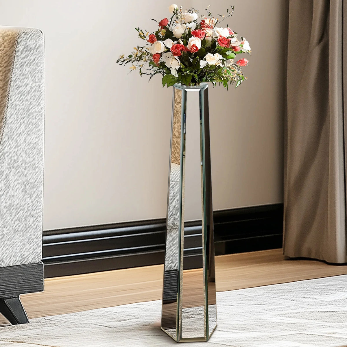 Various Styles Floor Crushed Diamond Mirrored Vase Large Silver Mirror Tall Vases Glass Vases Home Decor for Living Room Bedroom