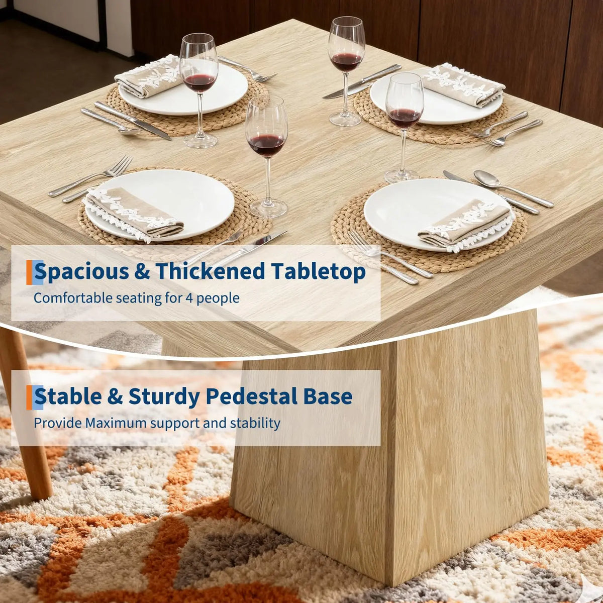 31.5in Square Dining Table For 4, Farmhouse Wood Pedestal Kitchen Table For Apartment, Small Dining Room, Cafe, 29.7in High