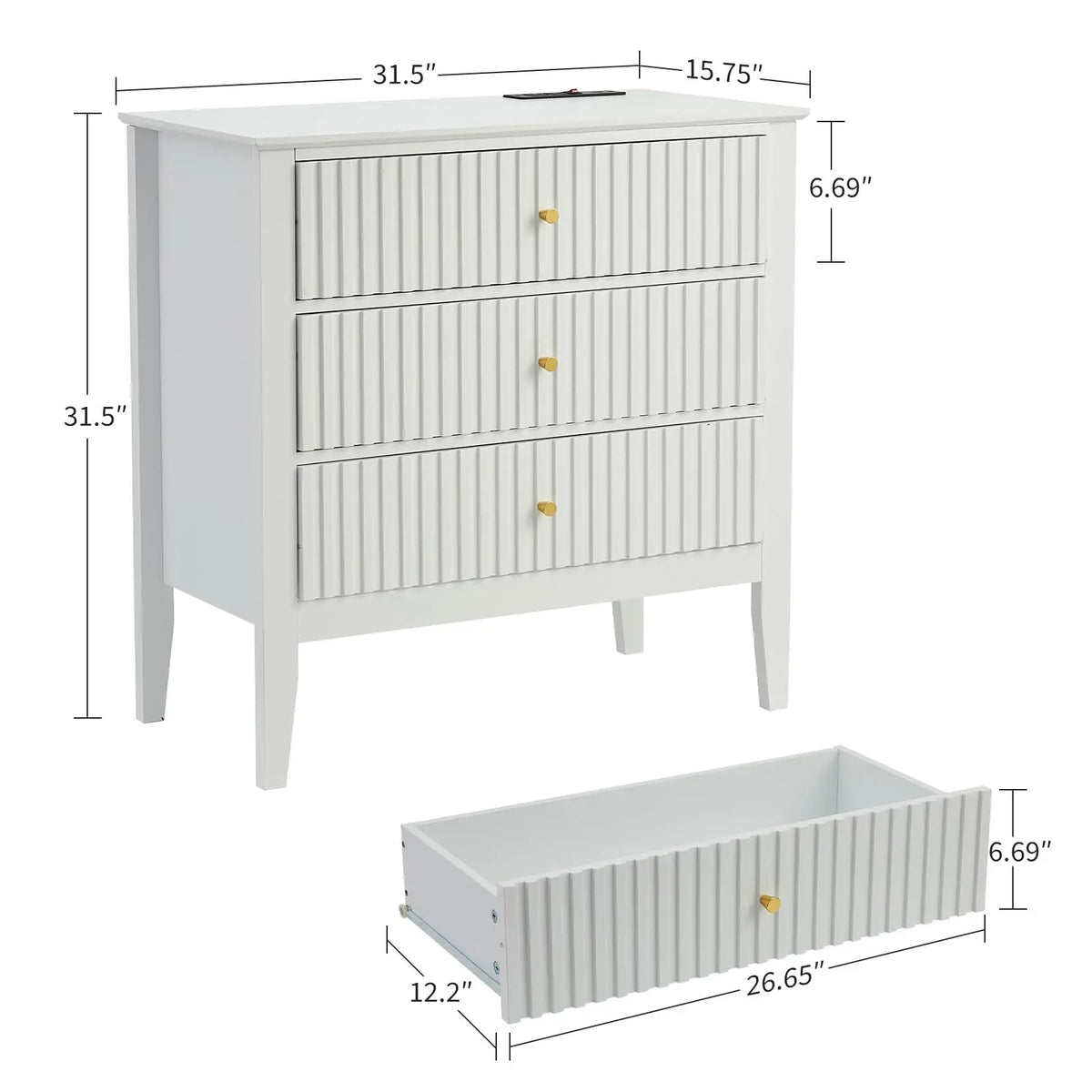 31.5 Inch Fluted Nightstand With Charging Station, 3 Drawer Bedside Table Raised Leg Storage Cabinet For Bedroom Living Room Home