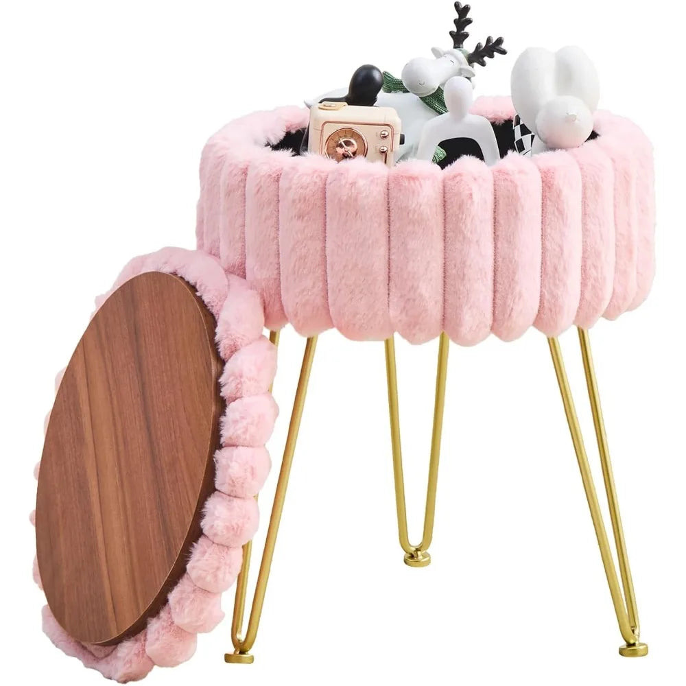 XIUWO Round Faux Fur Ottoman With Storage And Metal Legs