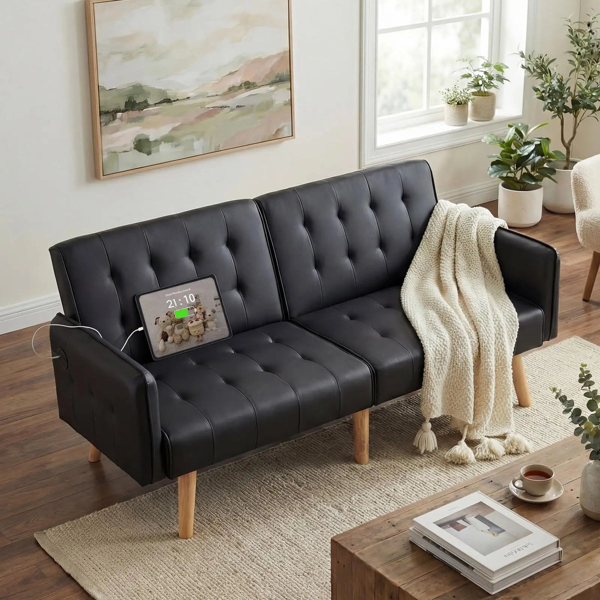 Tyboatle Convertible Faux Leather Futon Sofa Bed With USB Ports