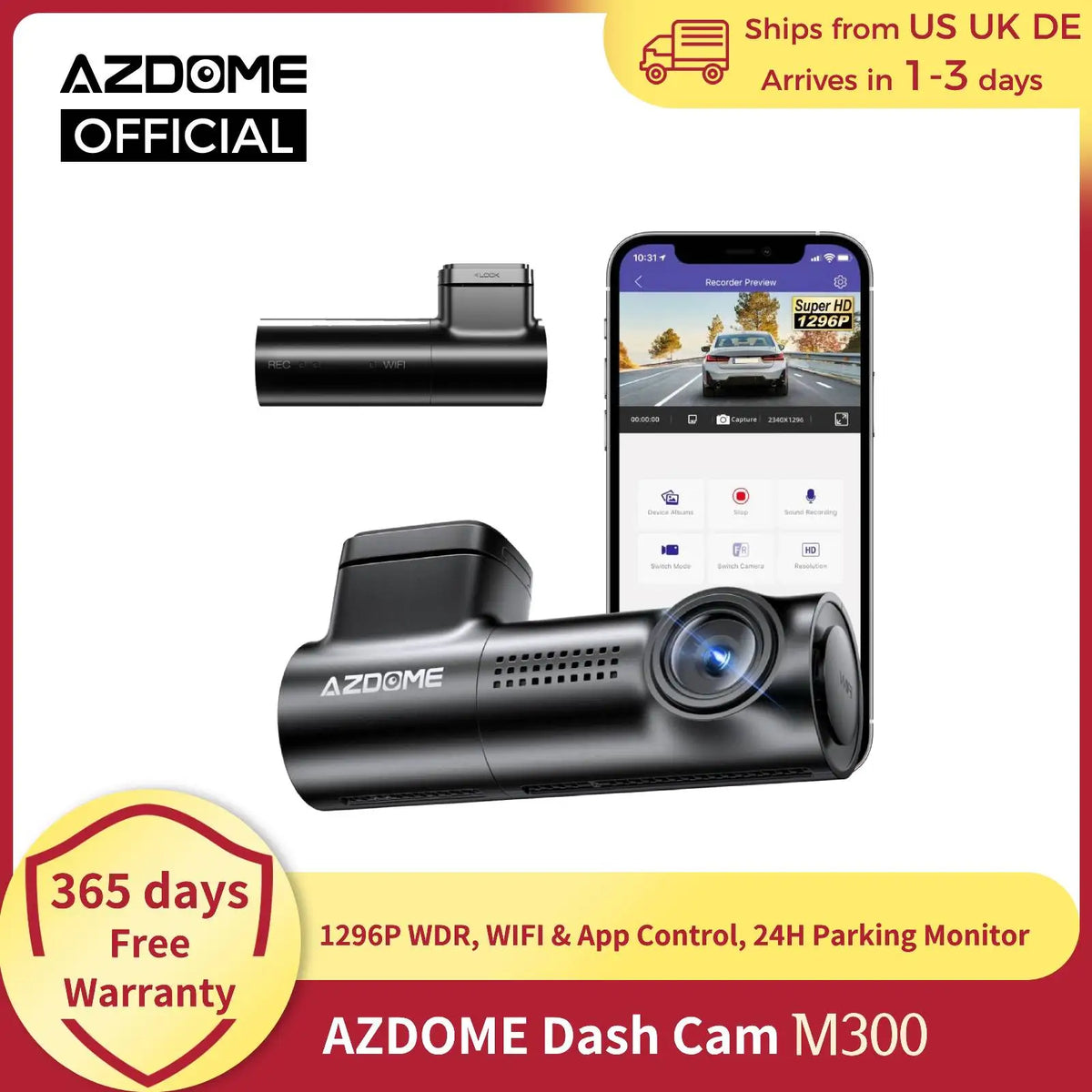 AZDOME Dash Cam 1296P WiFi Dash Camera for Cars Voice Control Dashcams Night Vision Loop Recording G-Sensor 24H Parking Monitor