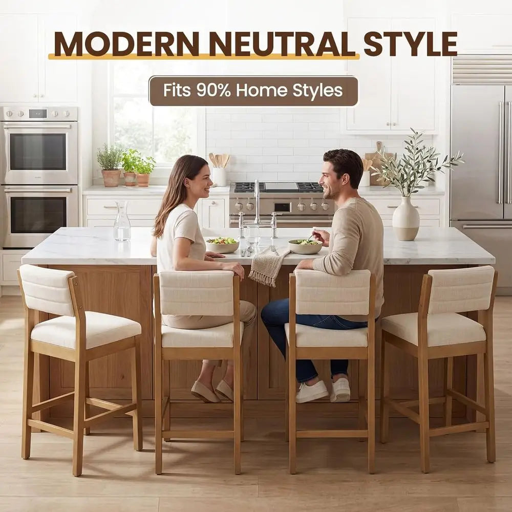 26" Bar Stools Set o 4 Counter Height Bar Stools or Kitchen Counter, ern Upholstered Barstools with Back and Wood Legs Linen Sto