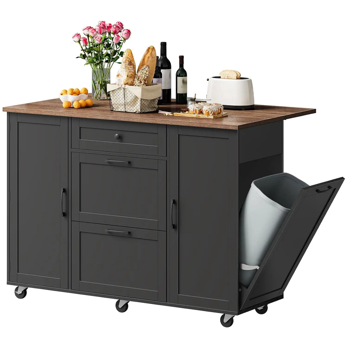 Kitchen Island Cart With Drop Leaf Tabletop And Storage Shelves Farmhouse Style