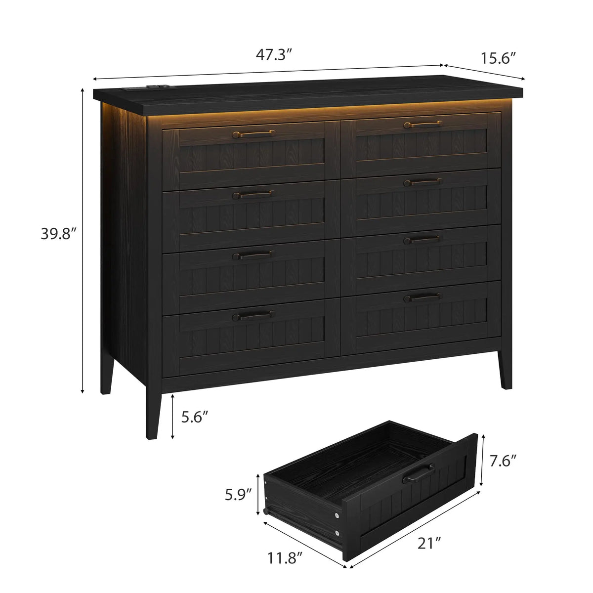 Farmhouse Wooden Dresser With Charging Station And LED Lights