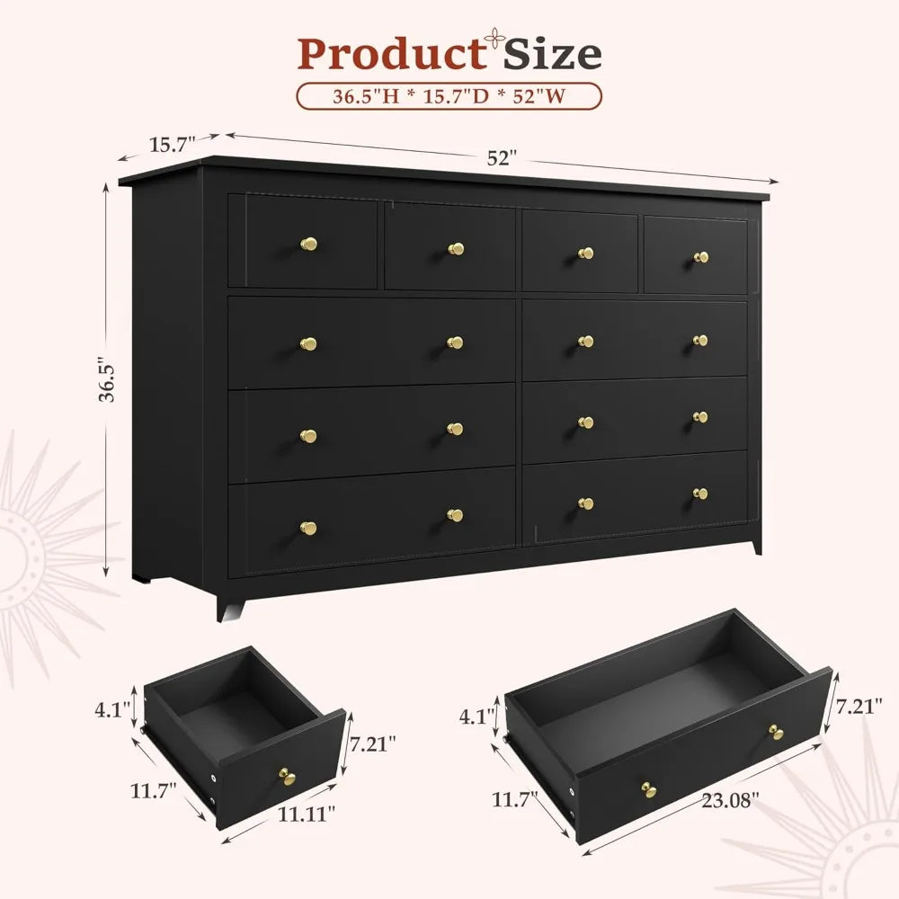 Modern Black 10-Drawer Dresser: Versatile Storage for Bedroom, Clothes, Office Supplies, and More