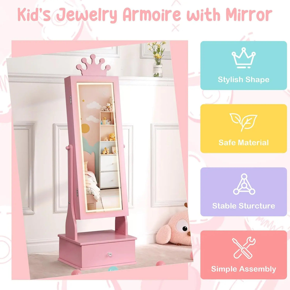 TWISTER CK Kids Jewelry Armoire With Full Length LED Mirror