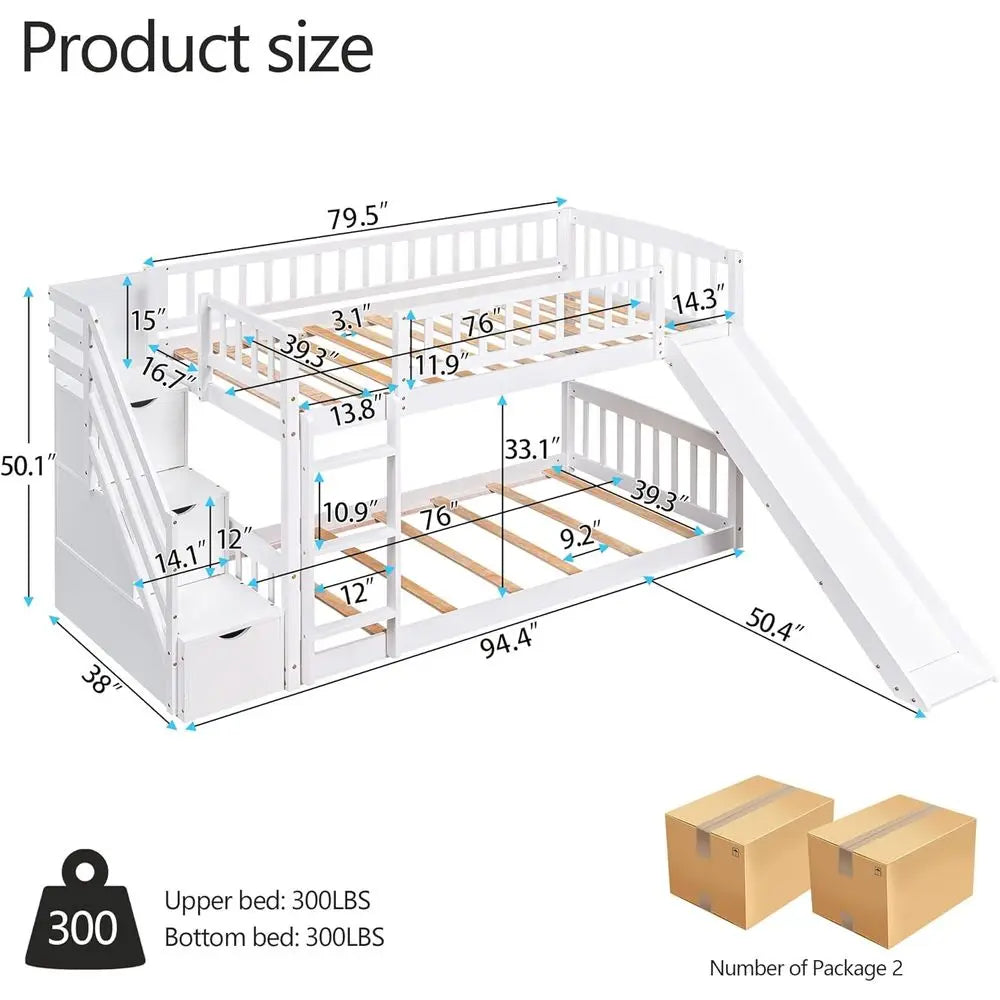 Lism Twin Over Twin Bunk Bed With Slide And Storage For Kids