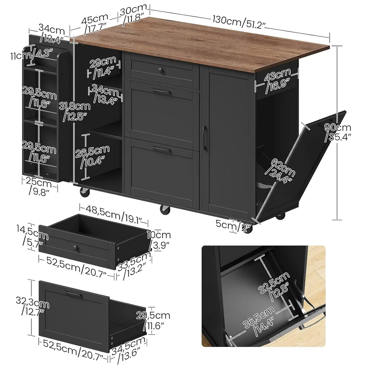 Kitchen Island Cart With Drop Leaf Tabletop And Storage Shelves Farmhouse Style