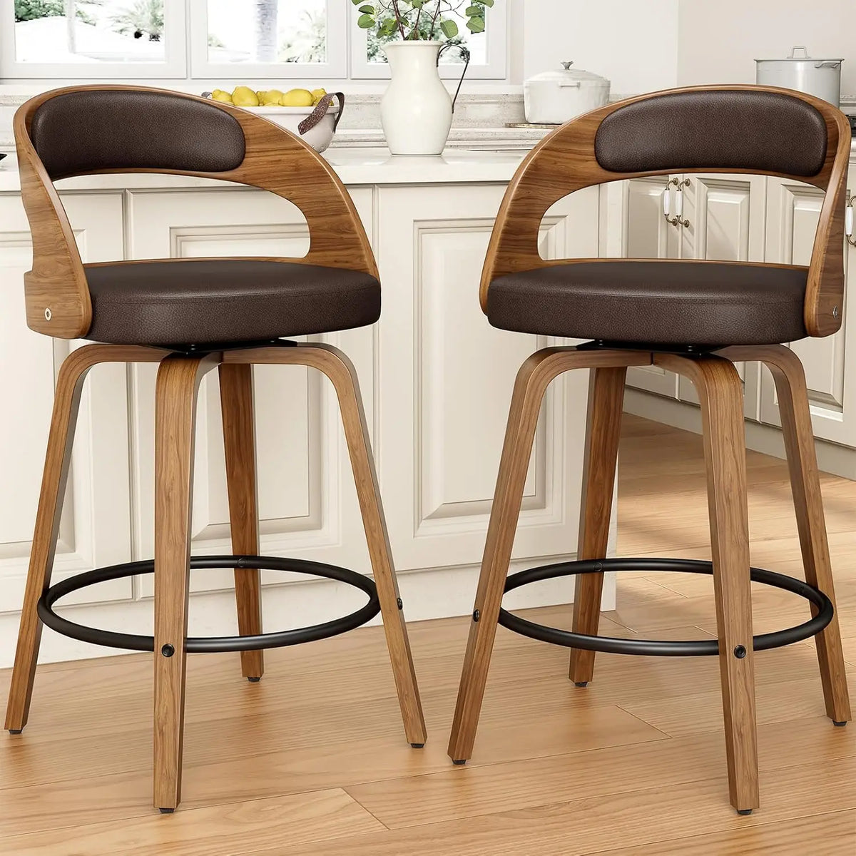 26in Bentwood Counter Stools Set 3 PU Leather Swivel Bar Chair with Back Footrest Kitchen Cafe Dining, Custom