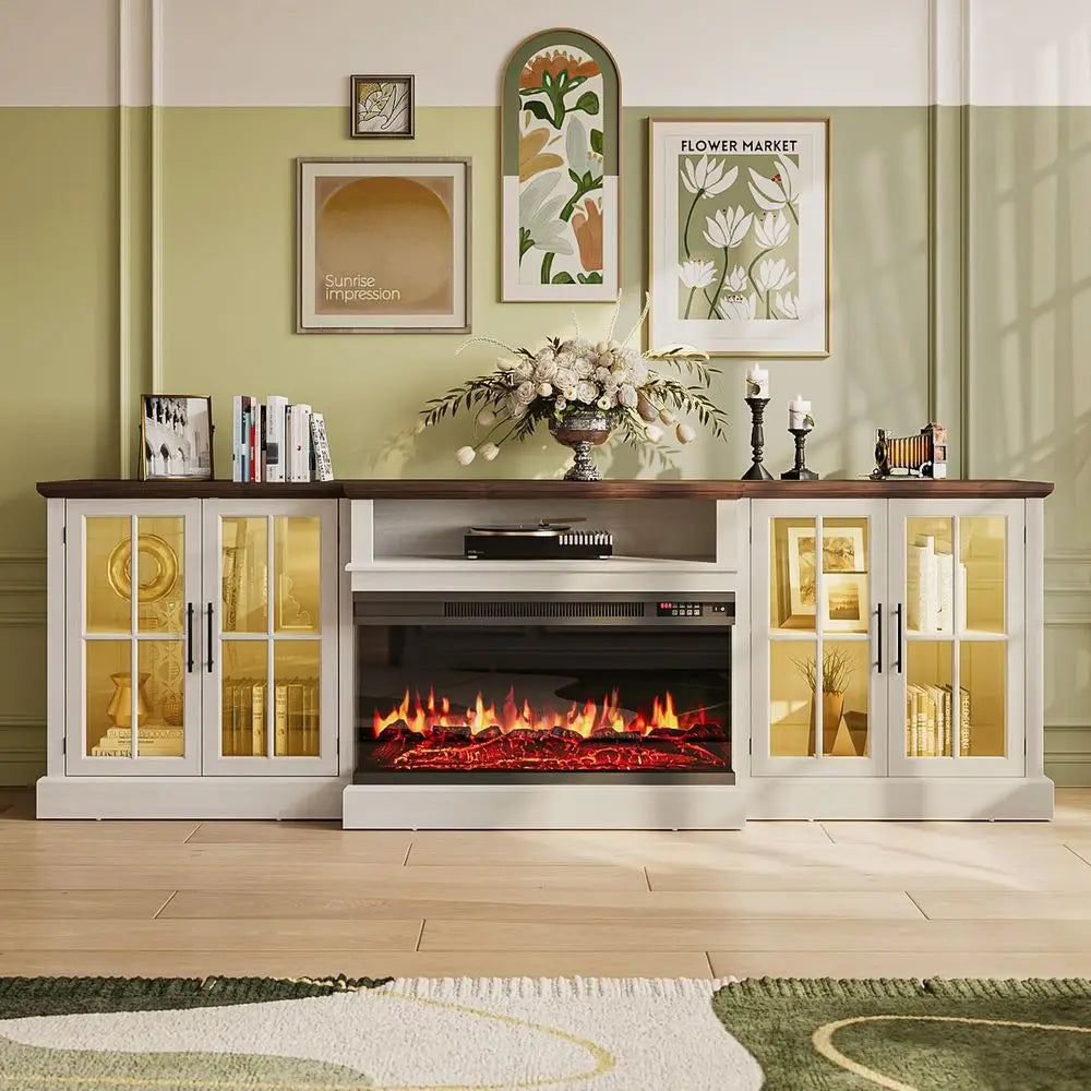 XMSJ Farmhouse Fireplace TV Stand With Adjustable Shelves And Storage
