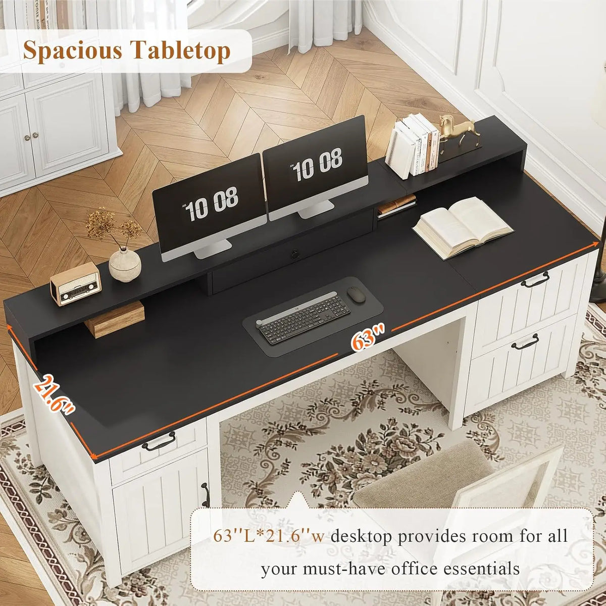Farmhouse Executive Desk With File Drawers Monitor Stand And Storage