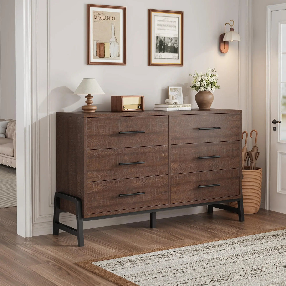 Six Drawer Wooden Dresser With Metal Feet For Bedroom Storage