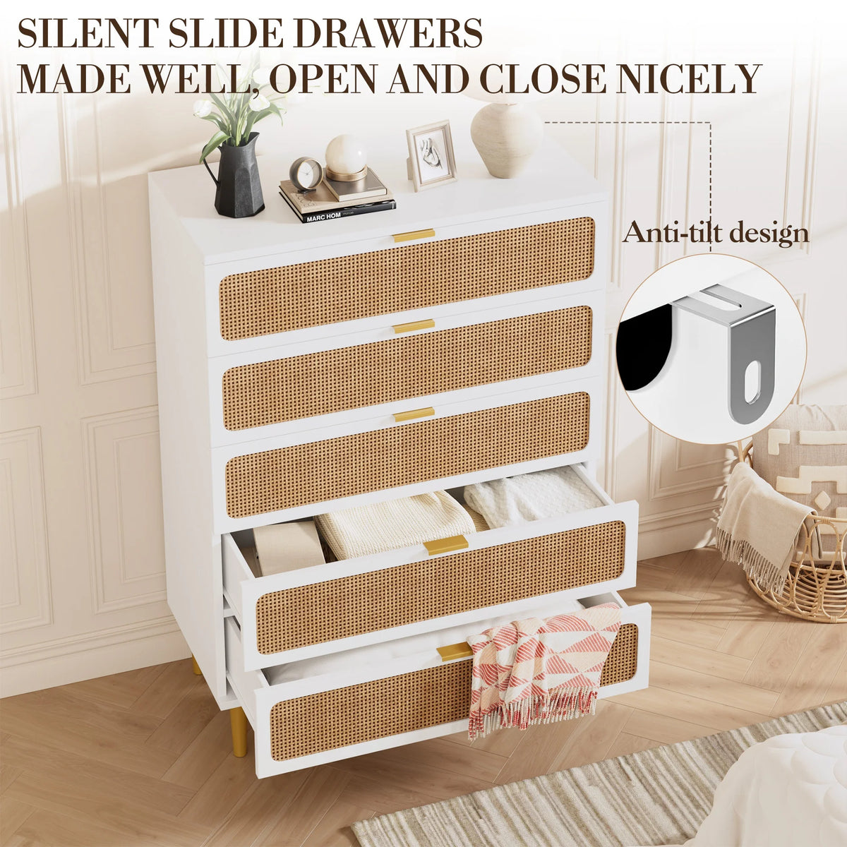 GAOMON Rattan Five Drawer Dresser With Wooden Frame Storage