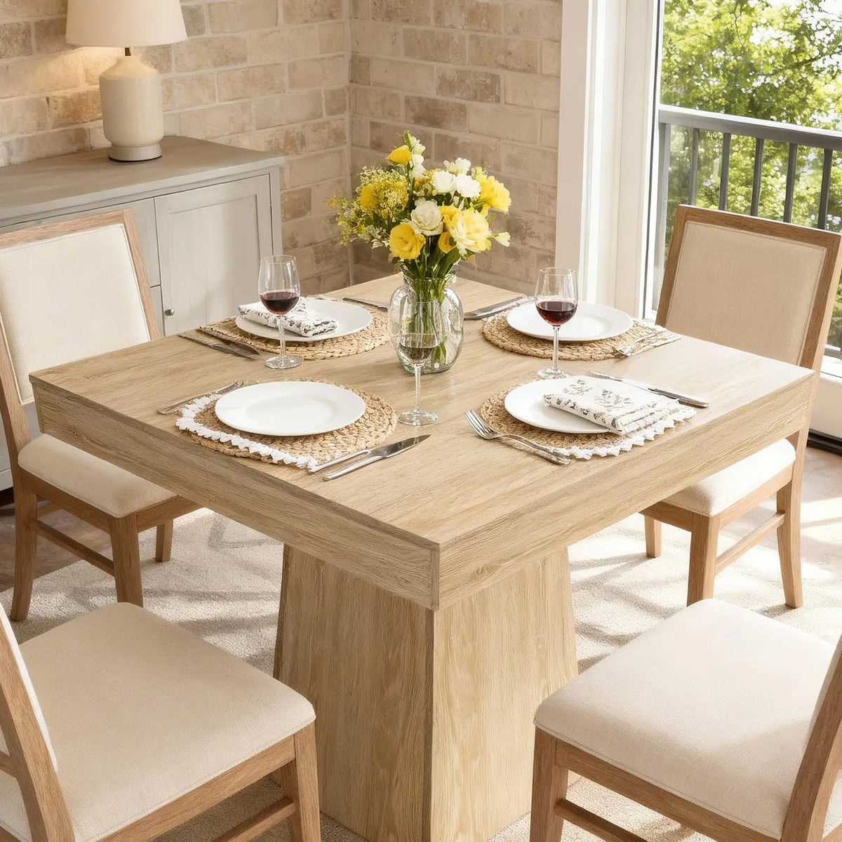 31.5in Square Dining Table For 4, Farmhouse Wood Pedestal Kitchen Table For Apartment, Small Dining Room, Cafe, 29.7in High