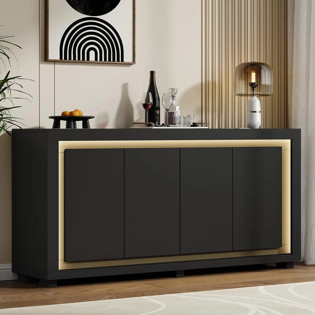 ONBRILL Modern Storage Cabinet With Power Outlets And LED Lighting