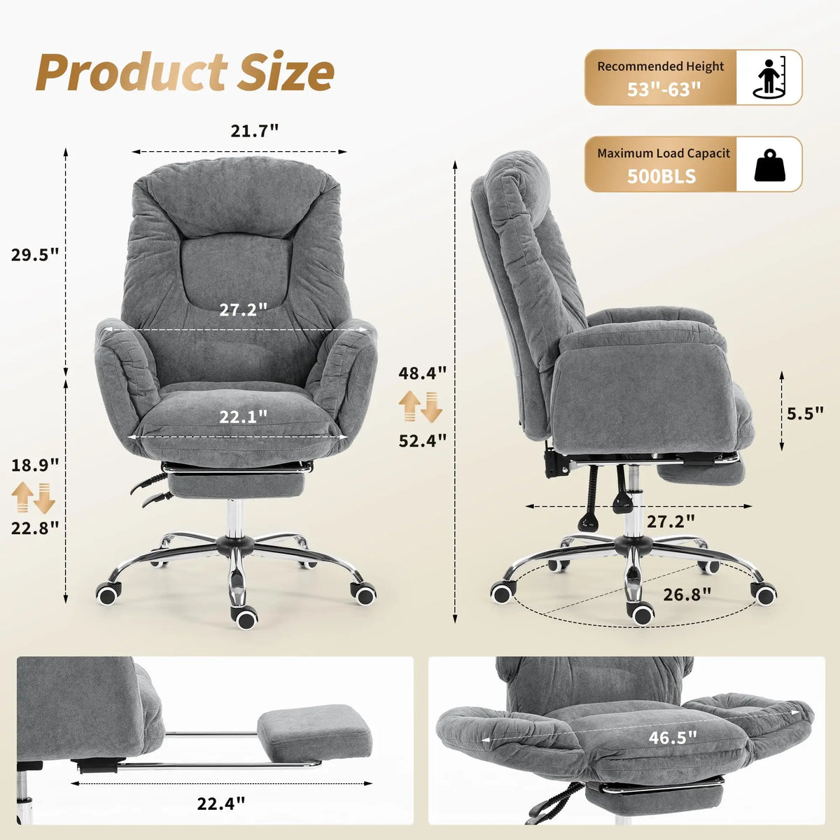Criss-Cross Ergonomic Desk Chair with Footrest, High Back Executive Design, Adjustable 3-Level Armrests, Smooth Wheels, Big and Tall Gaming or Office Comfort, 500lbs Capacity