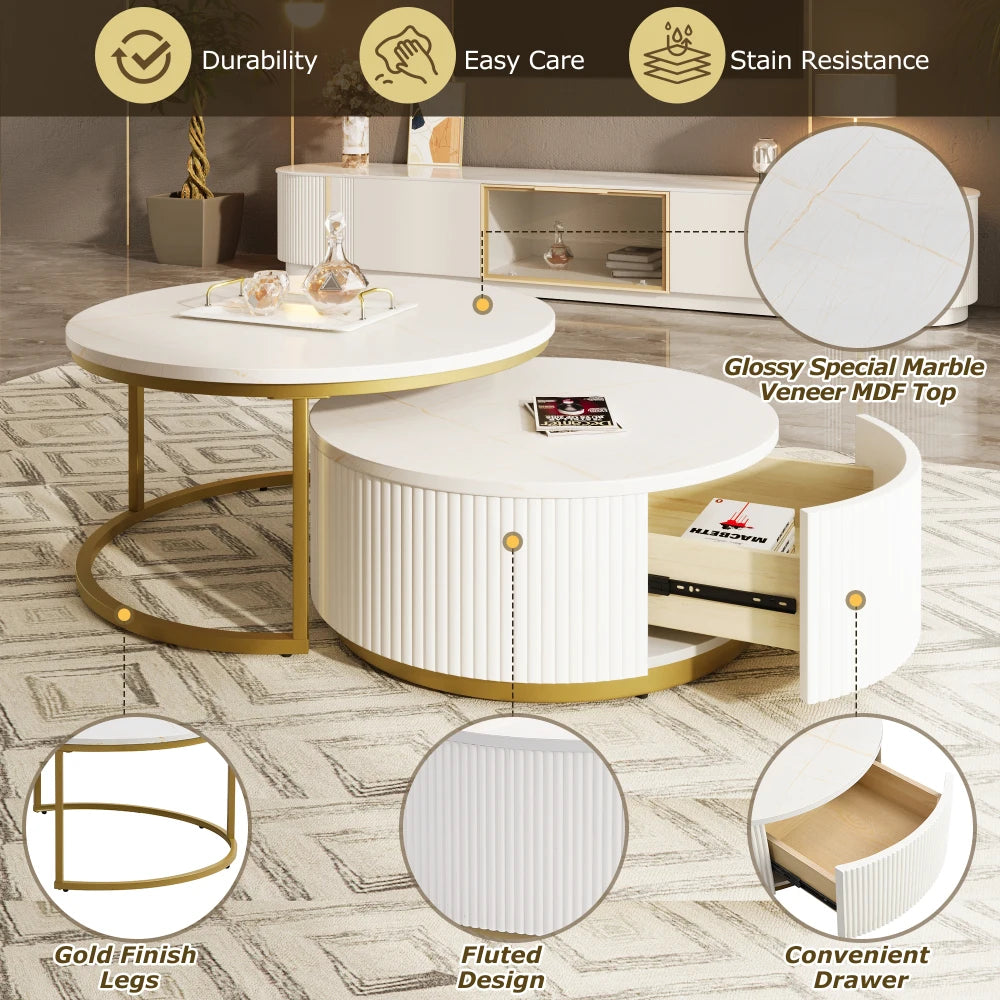 Modern Round Fluted Nesting Coffee Table With Storage Drawer