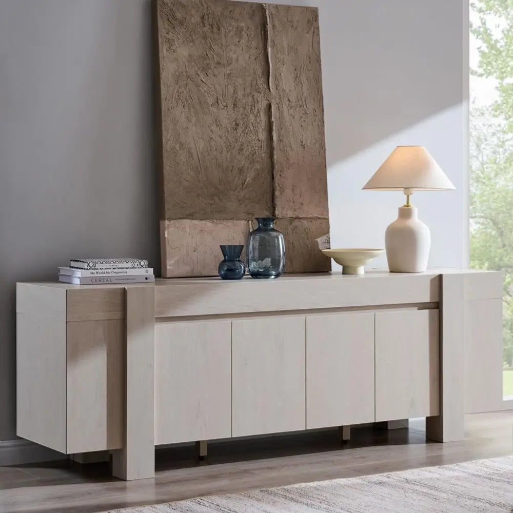 XMSJ Modern Farmhouse TV Stand With Hidden Storage Cabinets
