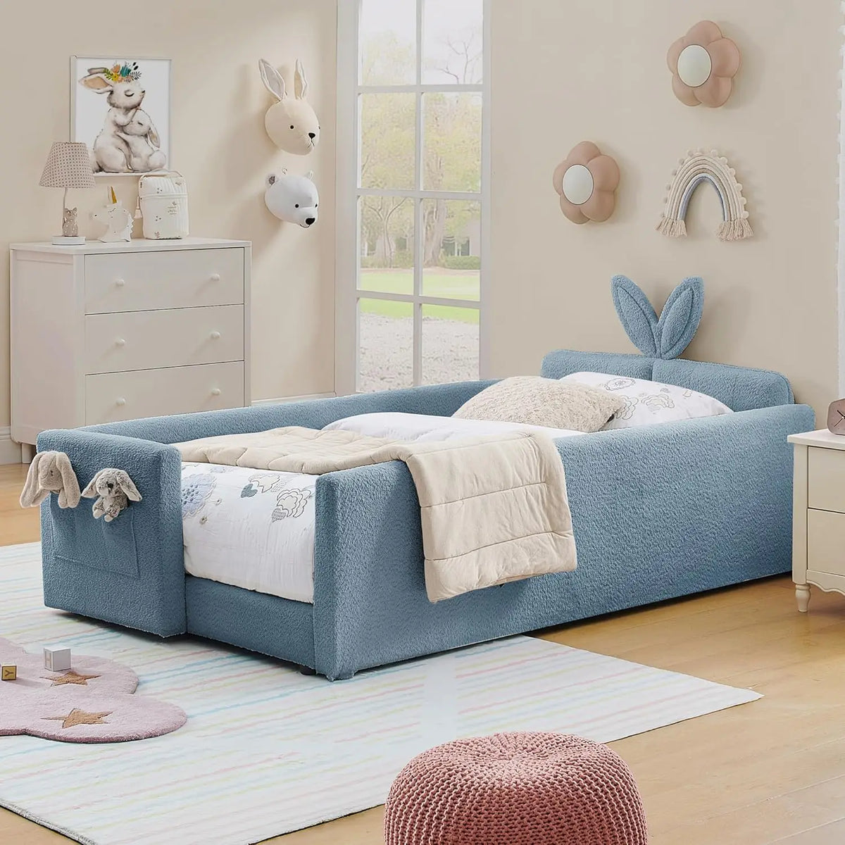 Twin Size Platform Bed,Boucle Upholstered Rabbit Ear Headboard with Pocket & Guardrail for Kids Room,Beige,Customized