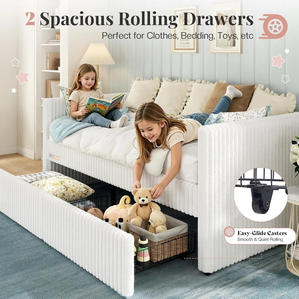 Modern Faux Fur Daybed With Storage Drawers And Night Light