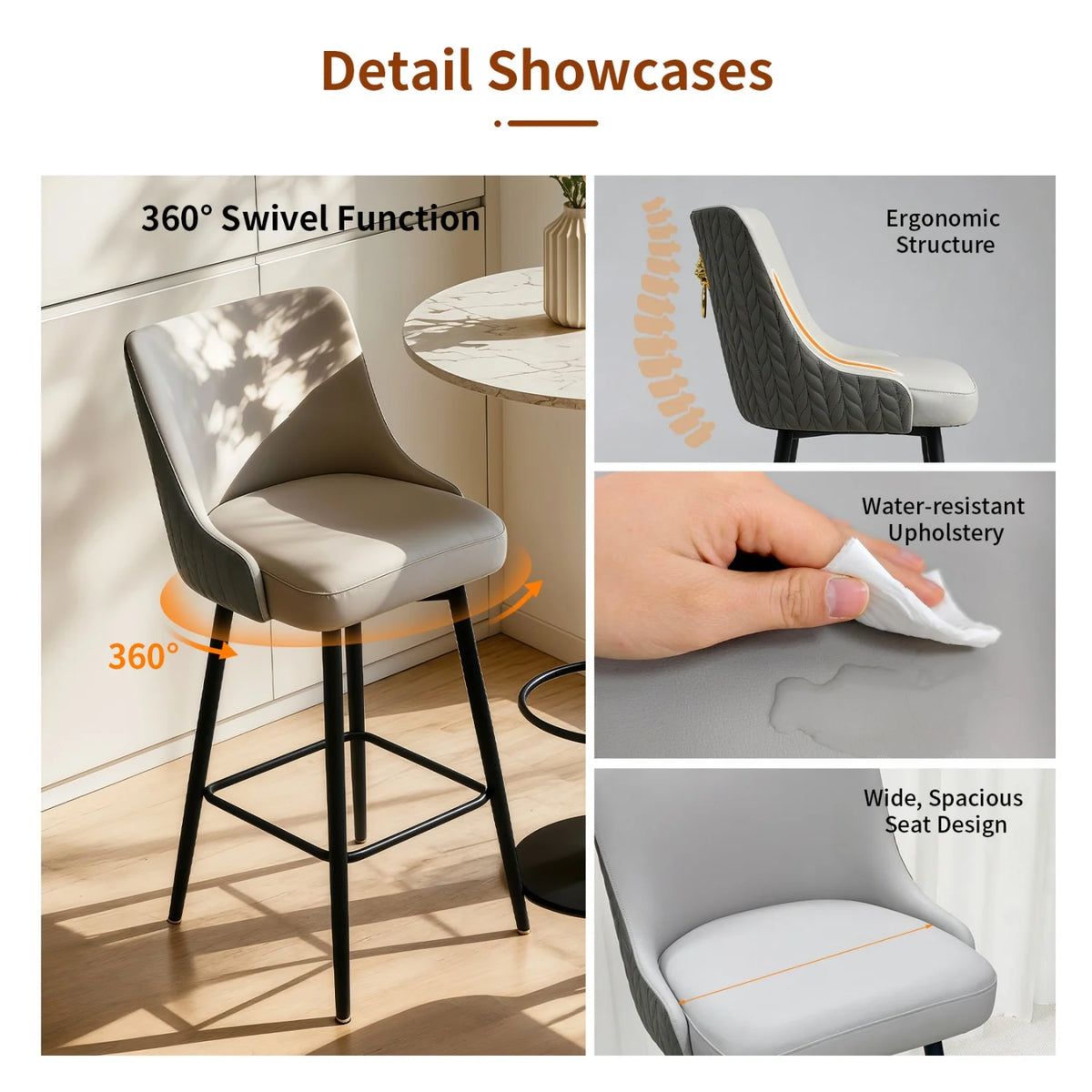 Swivel Bar Stool With Leather Upholstery High Back And Footrest