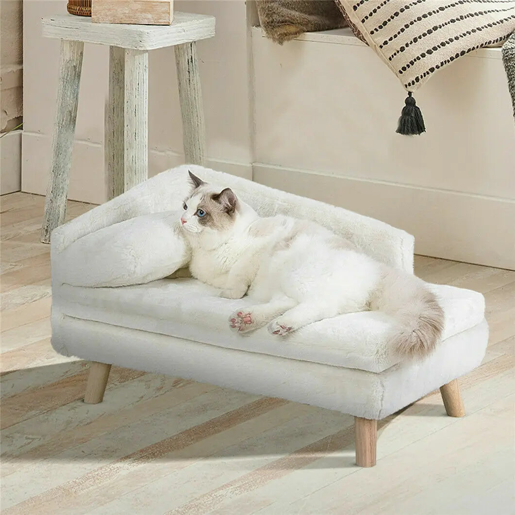 Solid Wood Elevated Pet Bed Plush Sofa Dogs Cats Indoor