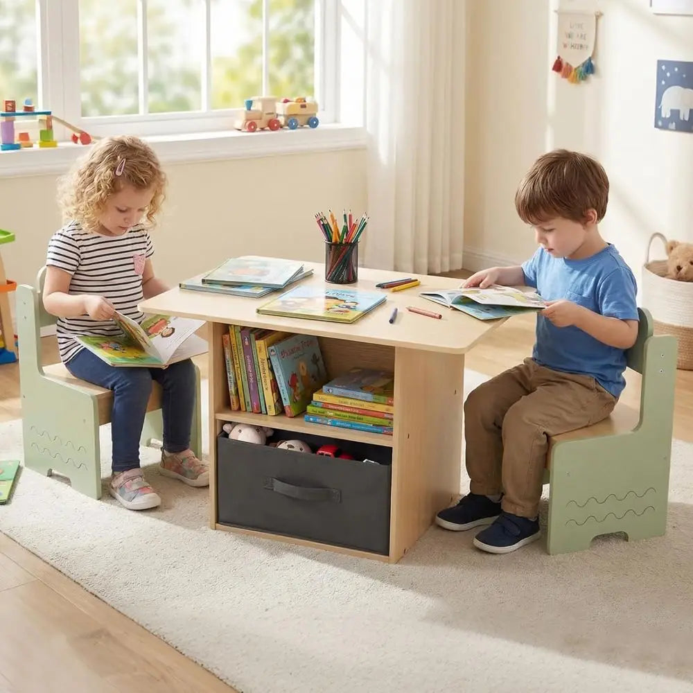 Wooden Kids Table and Chairs with abric Der | Toddler Activity Desk Set w/ 2 Open Comparents & Spacious Desktop, Indoor Children