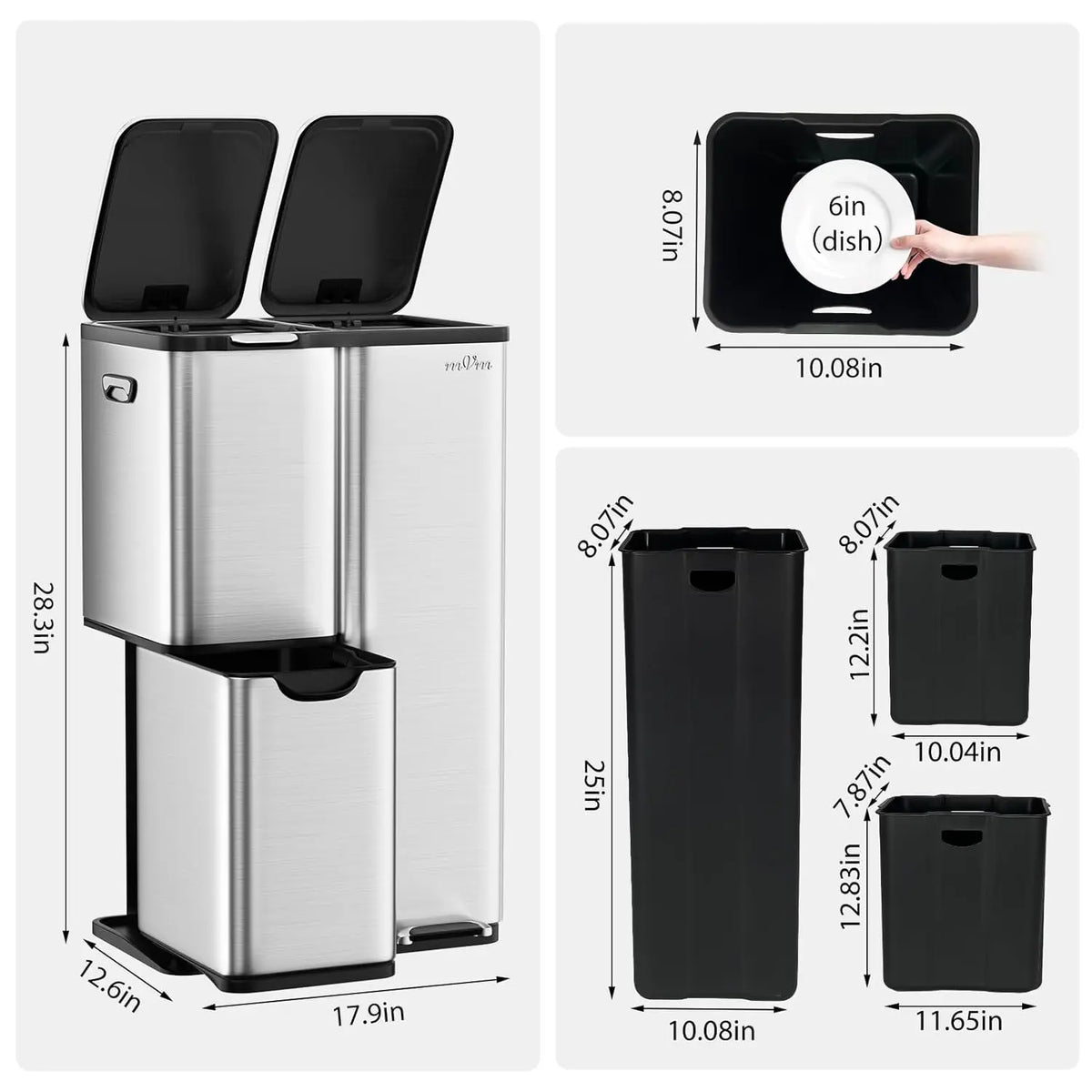 mVm Three Compartment Stainless Steel Recycling Trash Can