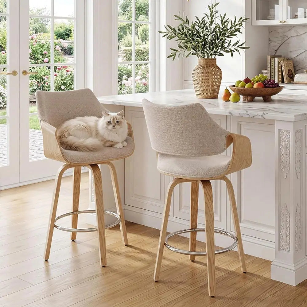 LISM Modern Beige Chenille Barrel Swivel Counter Stools Set