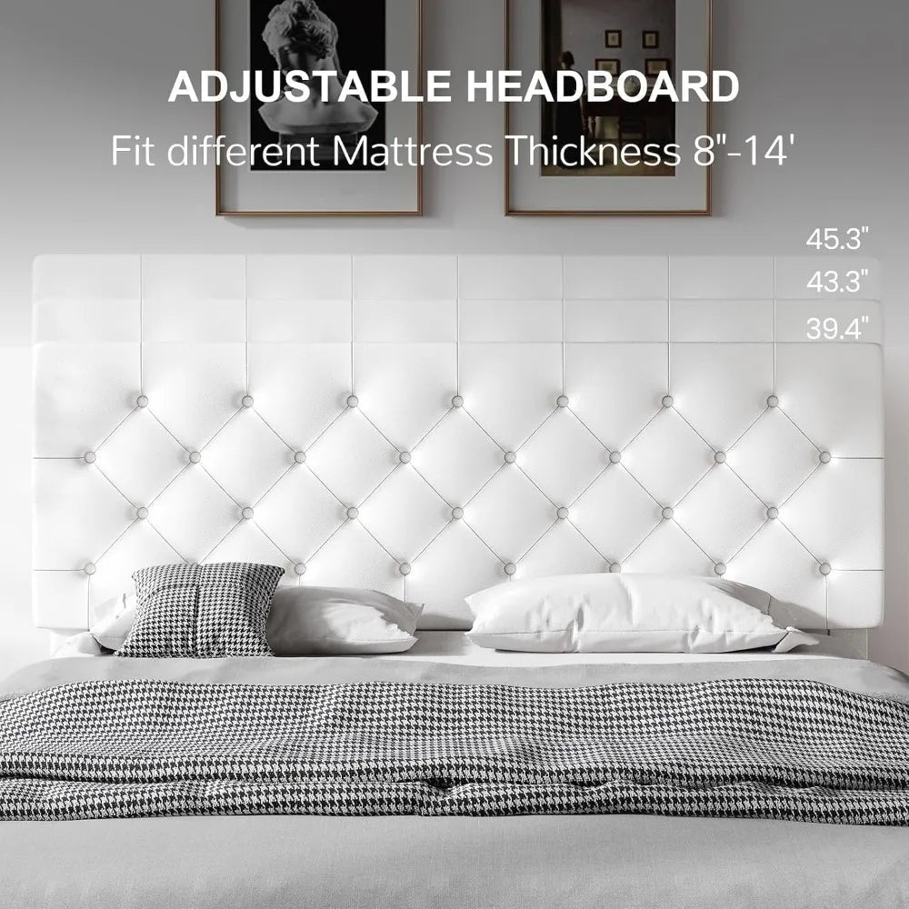 Full Bed Frame with Headboard, Upholstered Platform Bed, White, Wooden Slat Support, No Box Spring Needed