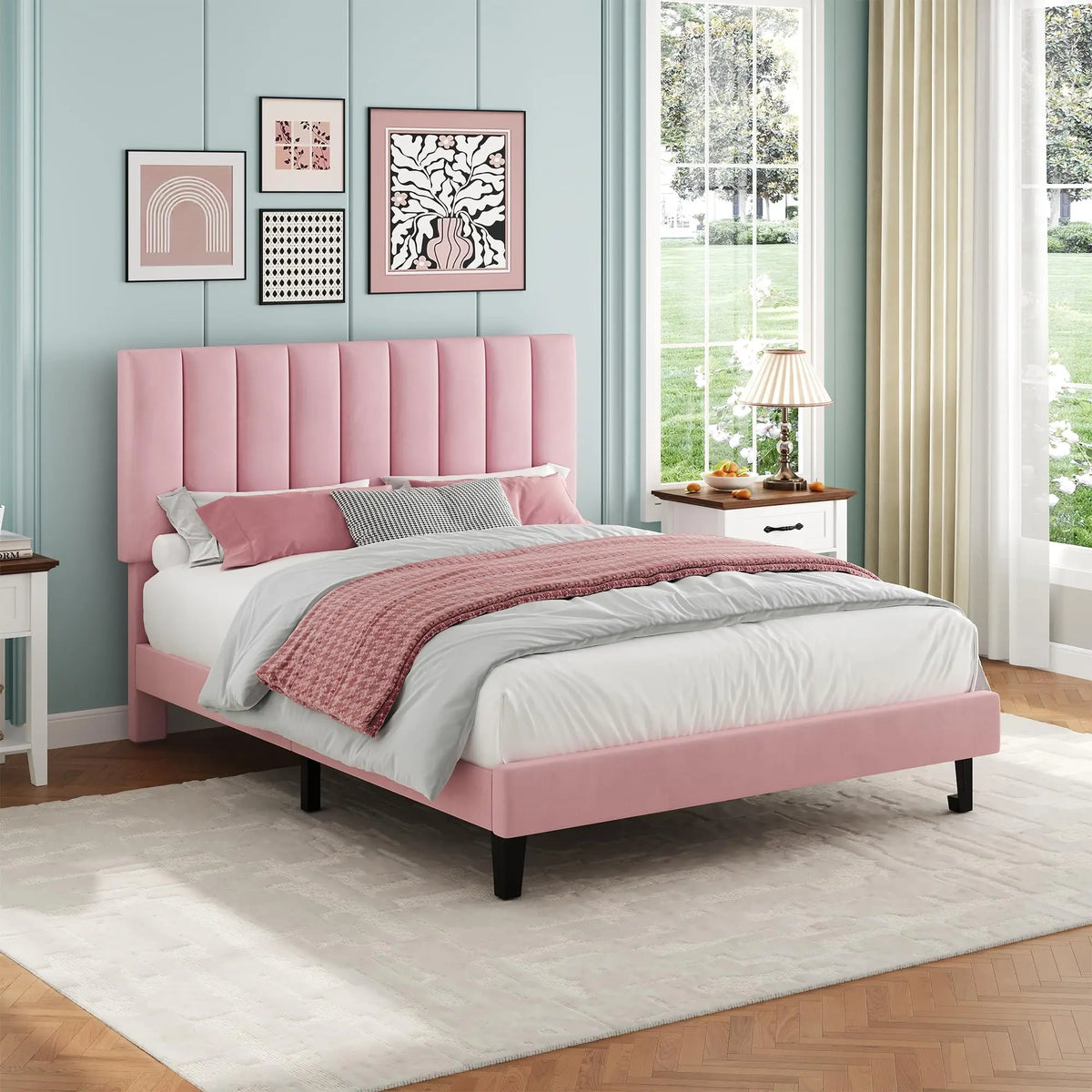 Twin Full Queen Upholstered Platform Bed Frame, Adjustable Tufted Headboard, Wood Slats, 1000lbs Support, No Box Spring Needed