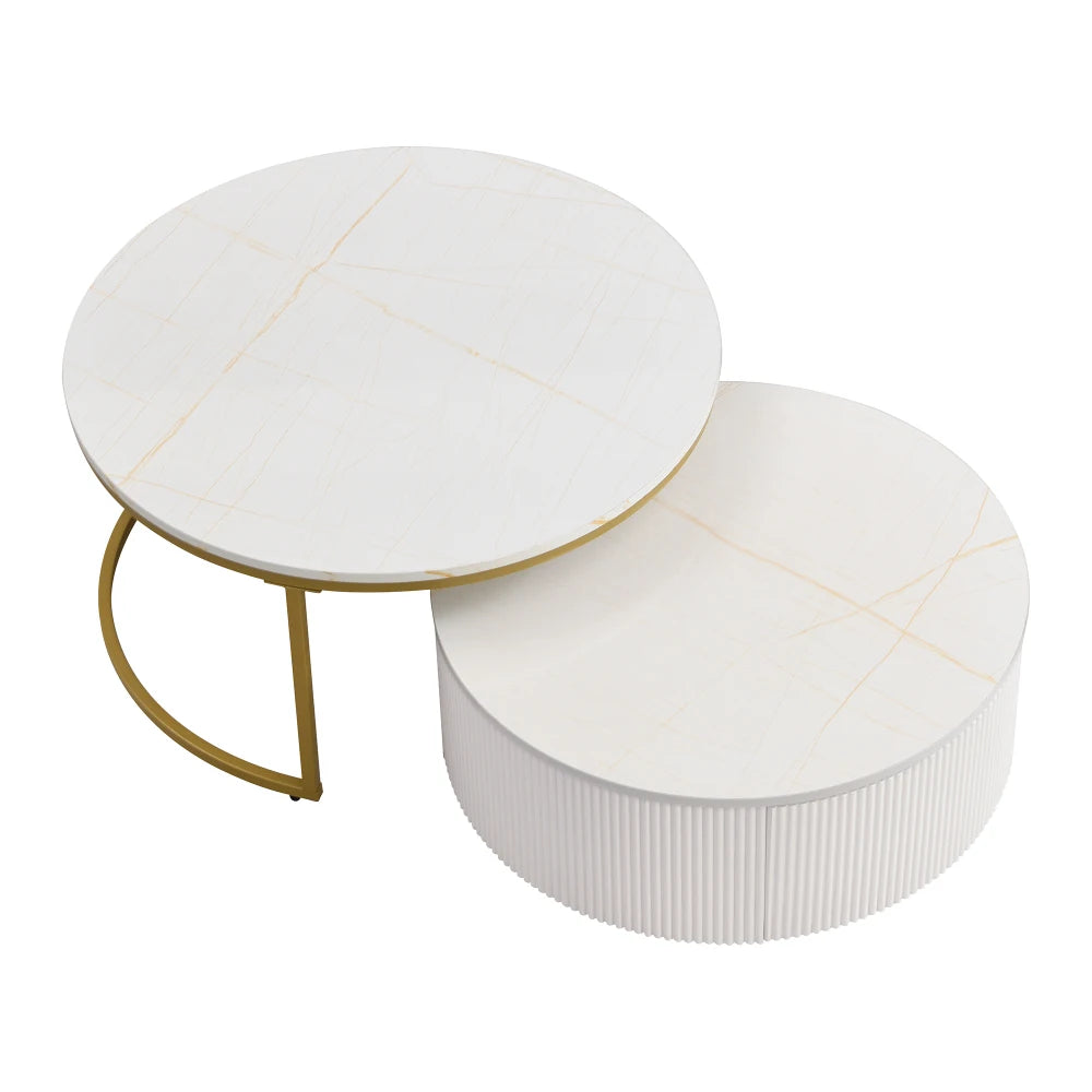 Modern Round Fluted Nesting Coffee Table With Storage Drawer