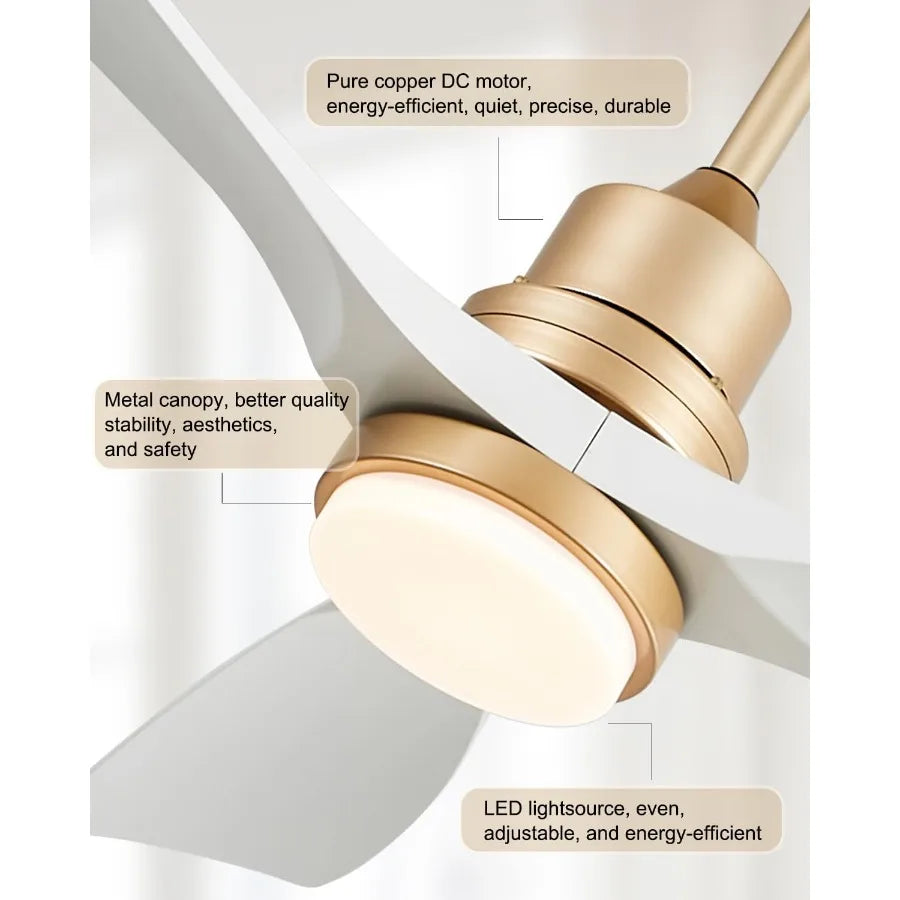 White and Gold Ceiling Fans with Lights Remote Control 52 inch Modern Gold Ceiling Fan ETL Listed 3 Downrods 3 blades Gold Fan