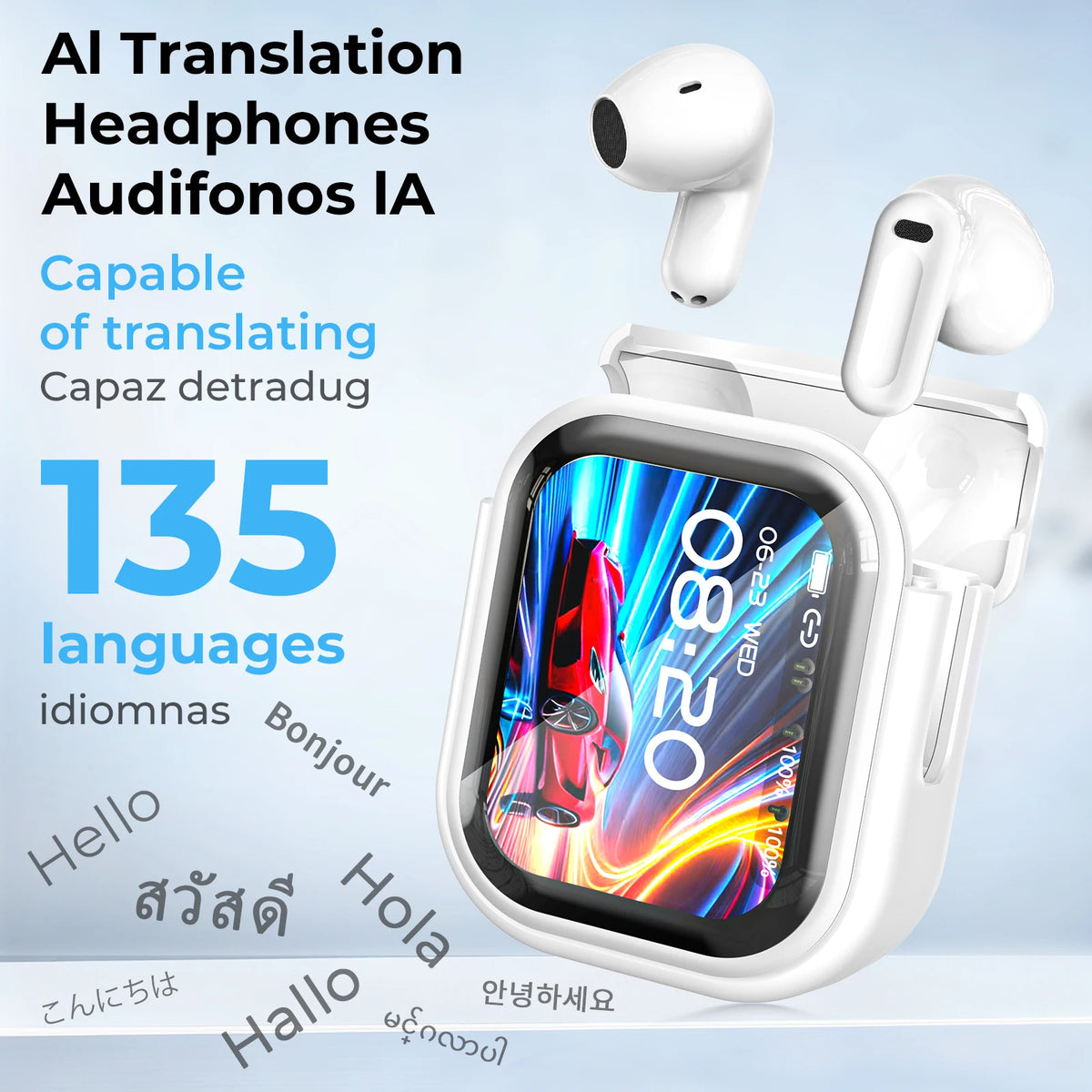 HTC NE20 Wireless Earphones Active Noise Cancelling 32dB ANC Bluetooth Headset HiFi Stereo Bass Sound LED Digital Touch Control Screen Smart Display Music Playback Volume Adjustment Low Latency Gaming Earbuds Waterproof IPX4