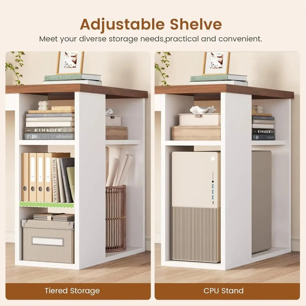 Farmhouse L Shaped Desk With Drawers And Storage Shelves