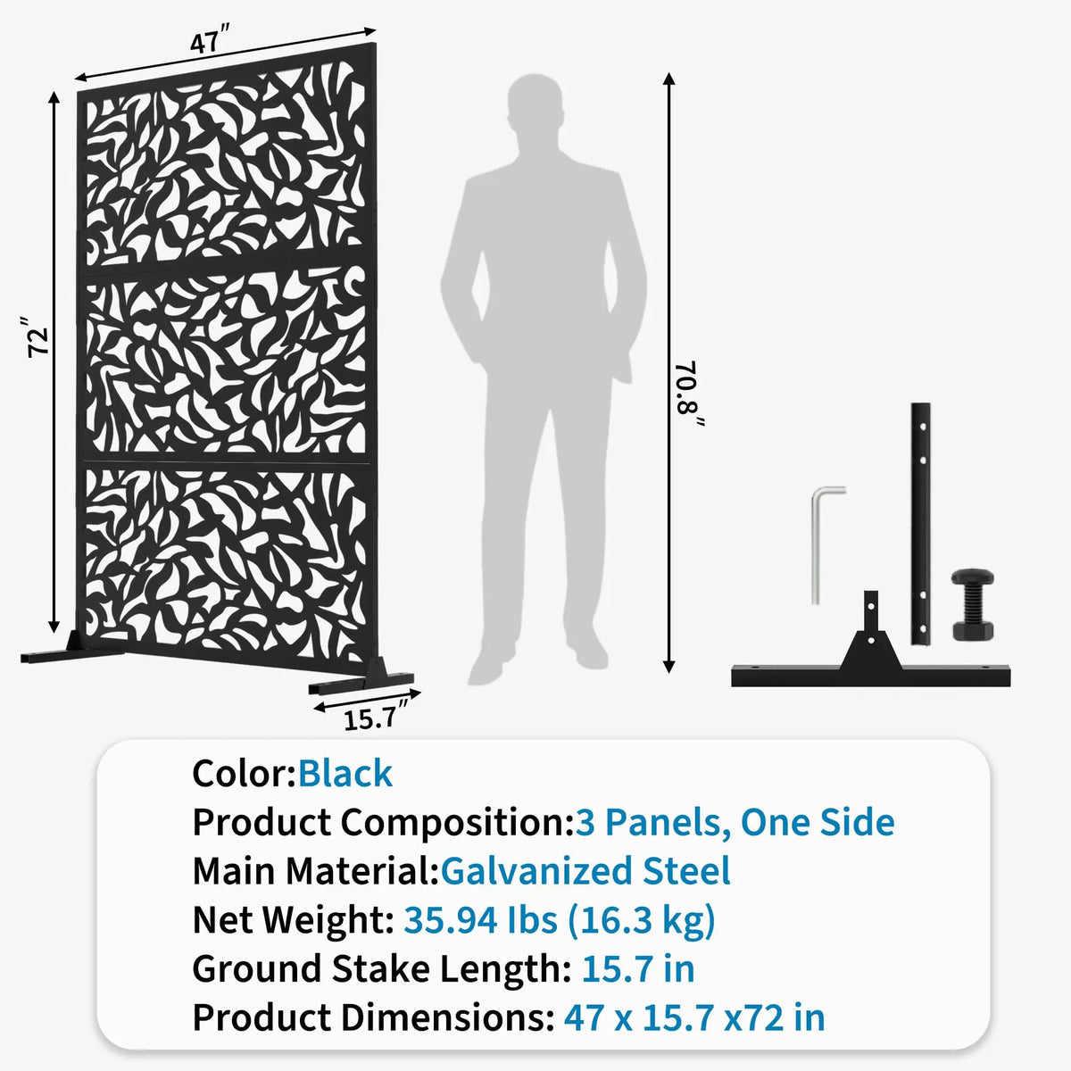 72"x47" Outdoor Metal Privacy Screen, Freestanding Laser Cut Decorative Fence Panel With Stand, Weatherproof Steel For Patio