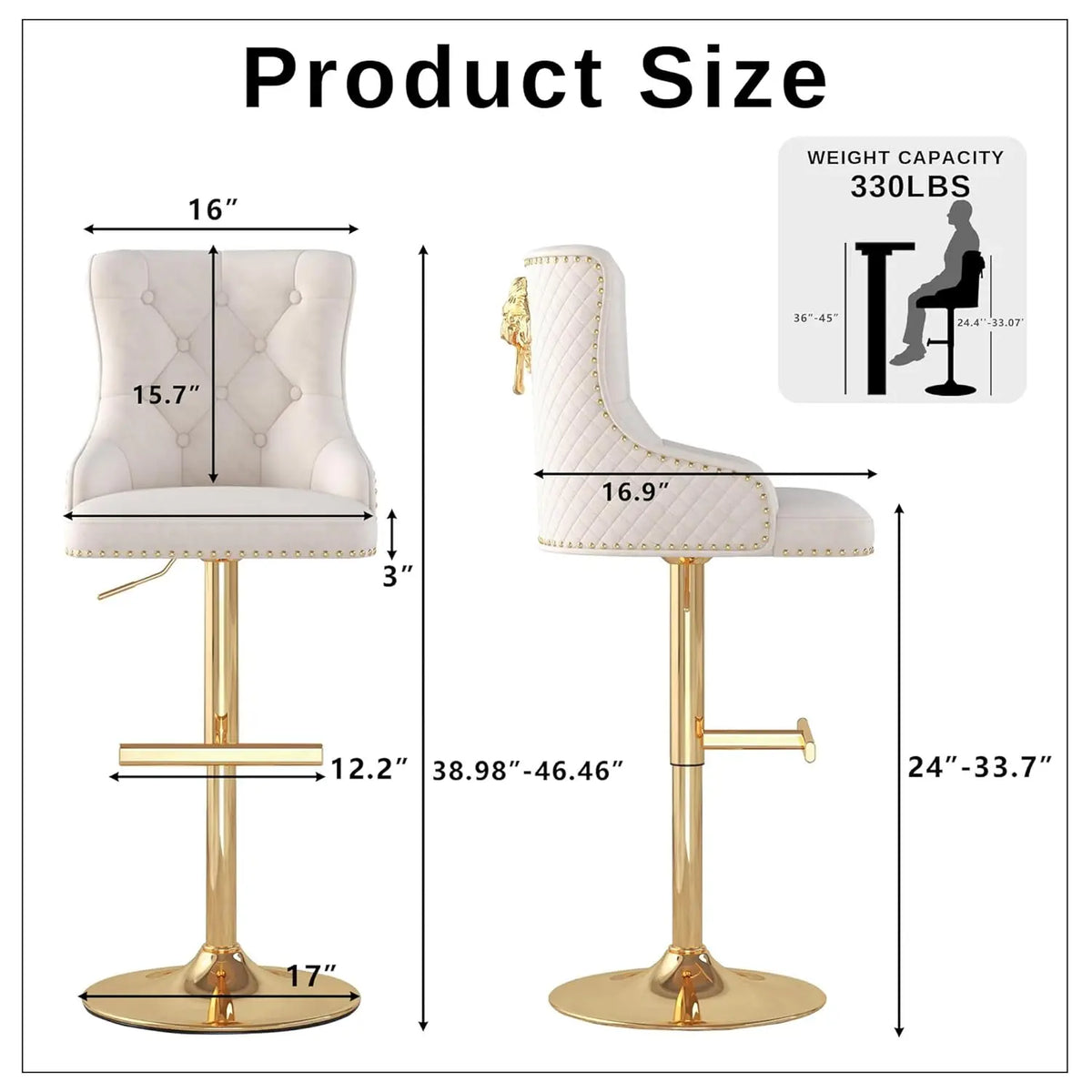 Velvet Bar Stool Set 2 Swivel Counter Height Adjustable Nailhead Gold Metal Base Kitchen Dining, Custom