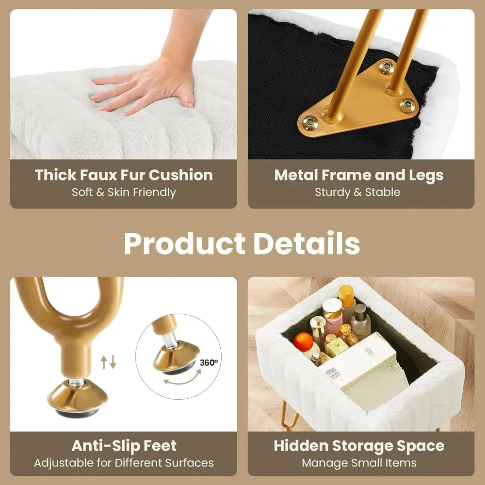 Storage Ottoman Chair With Faux Fur Seat And Metal Legs