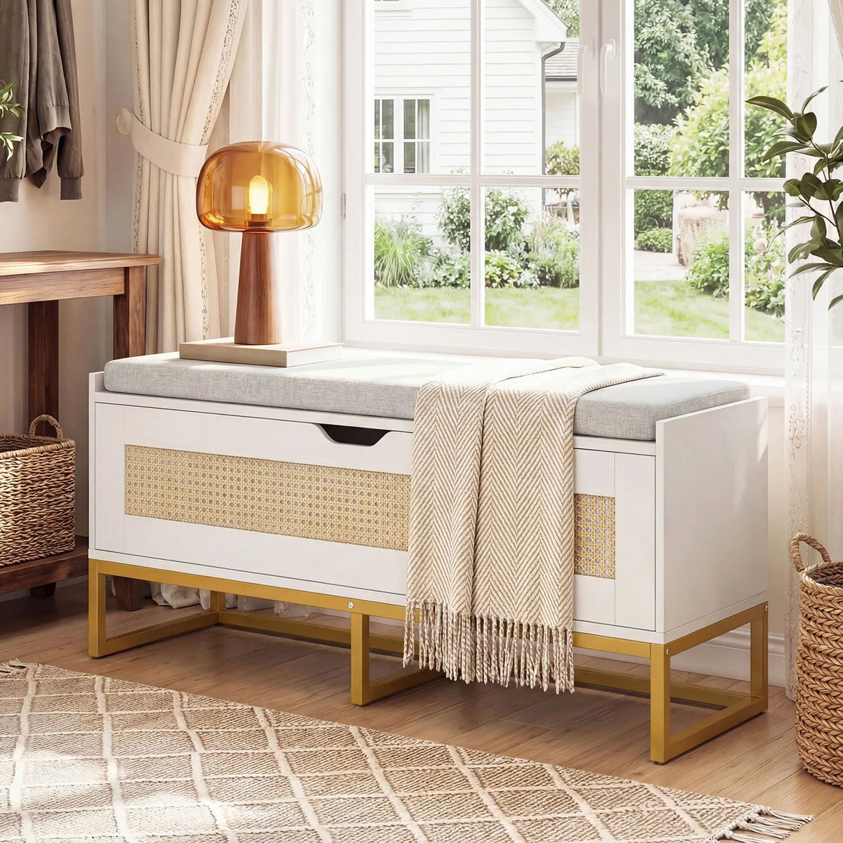 39. 5” Rattan Storage Chest w/ Padded Seat, Flip-Top and Safety Hinges for Bedroom
