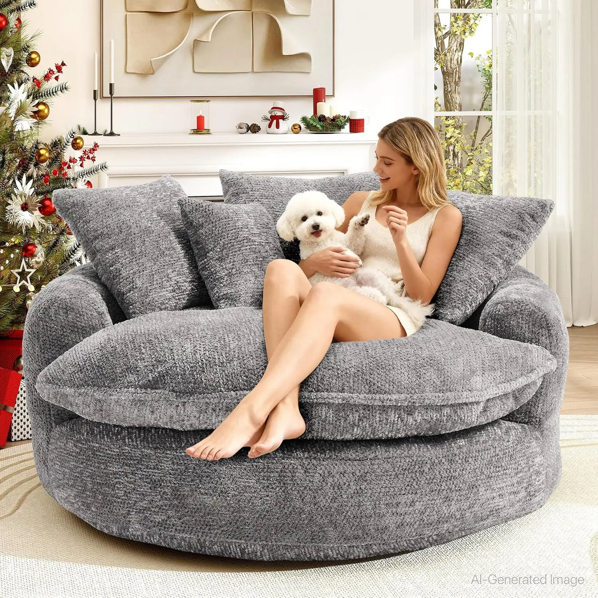 Modern Upholstered Round Chaise Lounge Chair with Matching Pillows